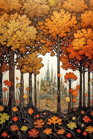 Fantasy cover art. Autumn landscape with forest and castle. AI generativeの素材