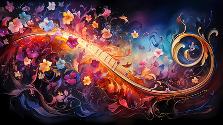 Illustration of abstract floral background with swirls and music notes. AI generativeの素材