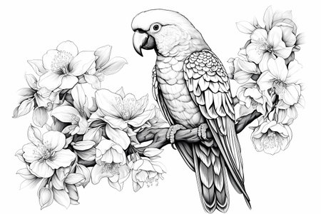 Monochrome illustration of parrot sitting on a branch with flowers. Printable coloring sheet. AI generativeの素材