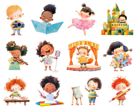 Collection of cute funny cartoon kids engaged in different creative activities like drawing, singing, theater and so on. Education school clipart. AI generativeの素材