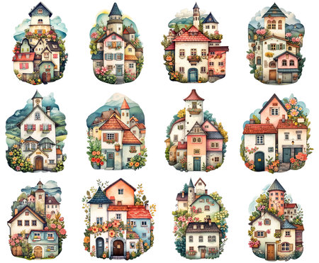 Collection of watercolor cute cartoon old stone houses, european homes with white facades, villas in flowers, isolated illustrations. AI generativeの素材
