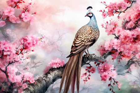 Peacock on a branch of sakura. Watercolor painting. Generative AIの素材