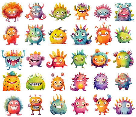 Stickers collection of colorful funny cartoon monsters. Friendly fantasy creaturesの素材