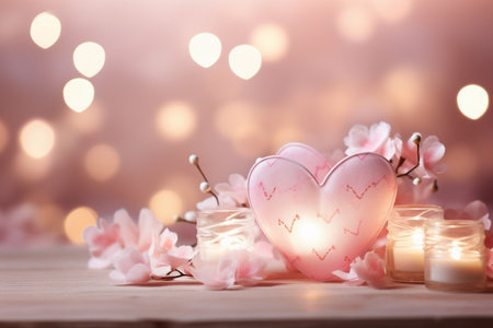 Romantic background in pink tones with glowing heart and burning candles, Valentine's day backdrop, horizontal luxury glamour wedding card, bokeh effect.の素材
