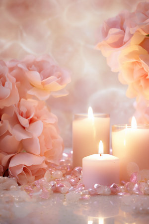 Valentine's day background in pink tones with burning candles and rose flowers, vertical luxury glamour romantic backdrop.の素材
