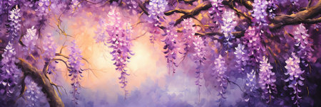Purple wisteria blooming in spring, panoramic banner, horizontal wall art, digital oil painting, impasto.の素材