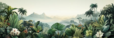 Website header or banner of tropical jungle travel. Forest and mountain panoramic view, horizontal landscape, nature background.の素材