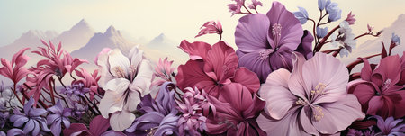 Beautiful horizontal tropical banner or website header with big flowers, close-up illustration. Panoramic view of mountain.の素材