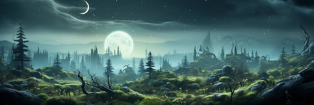 Mystical panoramic view of fantasy forest on a moonlit night. 3d rendering. Summer landscape, horizontal fairytale illustration.の素材