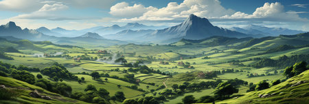 Panoramic view of the valley in the mountains. Beautiful summer horizontal landscape illustration.の素材