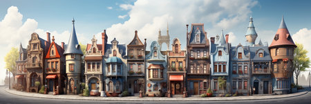Fantasy cartoon town with old houses. Cityscape illustration.の素材