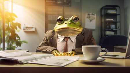 Frog businessman in suit and tie sitting at office desk with coffee cup. Funny cute comic illustration. AI generativeの素材