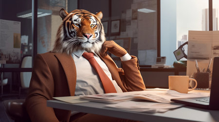 Portrait of a tiger in business suit and tie sitting at his desk. Manager at workplace in office. Funny cute comic illustration. AI generativeの素材