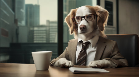Portrait of a dog in a suit and glasses with a cup of coffee. Funny cute comic illustration of animal in business suit and tie at workplace in office. AI generativeの素材