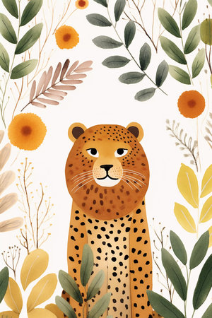 Cute cartoon leopard with flowers and leaves. Printable watercolor painting for children's room. Generative AIの素材