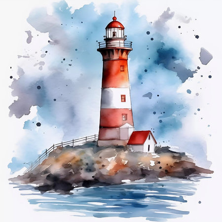 Watercolor illustration of a lighthouse on the island. Seascape poster, square wall decor, nautical printable art. Generative AIの素材