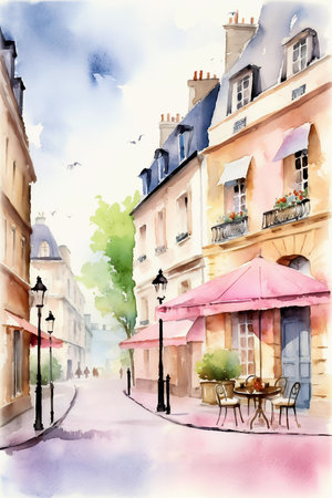 Watercolor painting of street cafe in Paris. Travel poster, French wall art decor, printable cityscape. Generative AIの素材