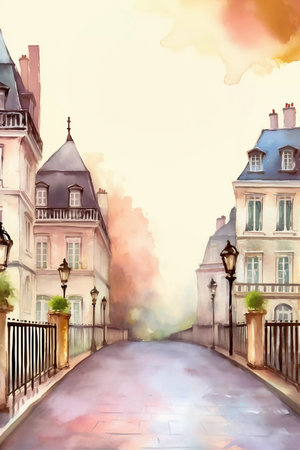 Digital painting of a street in the old town of Paris. Travel poster, French wall art decor, printable cityscape, vertical watercolor painting. Generative AIの素材
