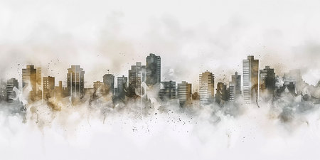 New York City skyscrapers, abstract watercolor painting in muted tones. Printable horizontal modern cityscape. Generative AIの素材