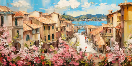 Colorful panoramic view of a street in the old city, summer mediterranean landscape. Oil painting of seaside cityscape. Generative AIの素材
