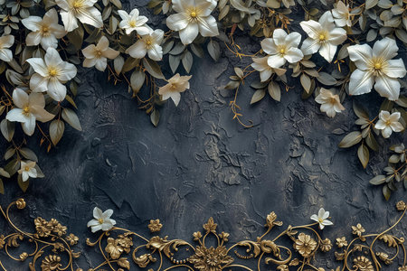 Floral frame with white flowers on dark textured background, copyspace for your design. Generative AIの素材
