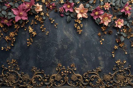 Floral frame with dark textured background with copy space. Dark pink and golden elements on grunge backdrop. Generative AIの素材