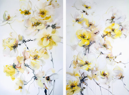 Neutral Floral Wall Art Set of 2 Prints Flowers White Yellow Minimalist Wall Decor Botanical Artwork Soft Tones Pastel. Generative AIの素材