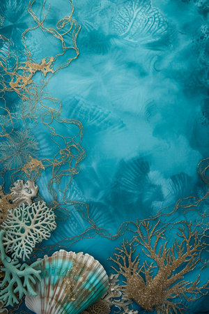 Ocean theme teal background, vertical nature backdrop with blank space, sea life texture, tropical sea shells, copy spaceの素材