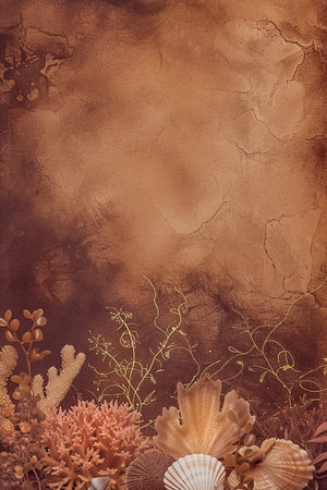 Beautiful vertical nature brown background, sea theme backdrop with copy space, grunge texture, tropical sea shells, top view, blank spaceの素材