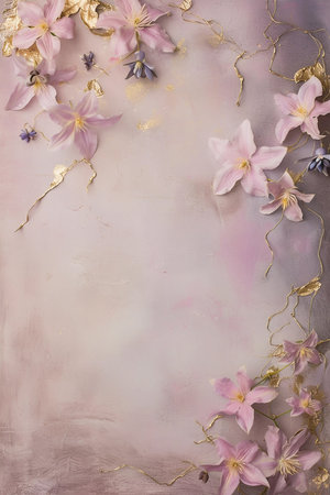 Beautiful vertical floral grey background with purple clematis flowers with golden vines and place for text, botanical backdrop in neutral tones with copy space on grunge texture, top view, blank spaceの素材