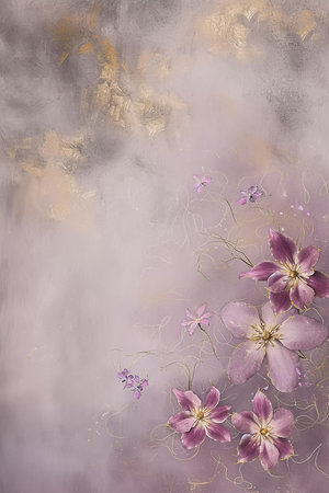 Beautiful vertical floral grunge grey background with violet flowers with place for text, botanical backdrop in neutral tones with copy space, top view, blank spaceの素材