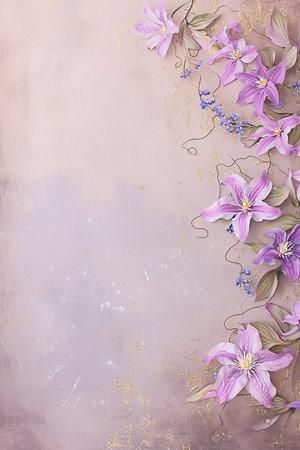 Floral vertical elegant grey background with violet clematis flowers with place for text, botanical backdrop in soft colors with copy space on grunge texture, top view, blank spaceの素材