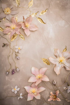 Beautiful floral vertical beige background with pink clematis flowers with place for text, botanical backdrop in soft tones with copy space on grunge texture, top view, blank spaceの素材