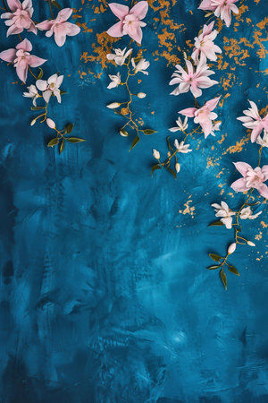 Beautiful floral vertical blue background with pink clematis and place for text, botanical backdrop with copy space on grunge texture, top view, blank spaceの素材