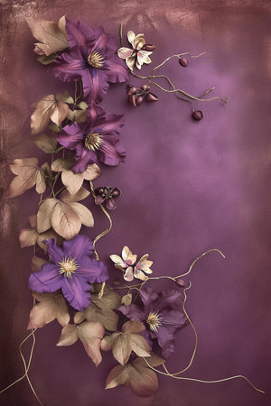 Beautiful vertical botanical background with vines clematis flowers and space for text, floral backdrop in purple and golden colors with copy space on grunge texture, top view, blank spaceの素材