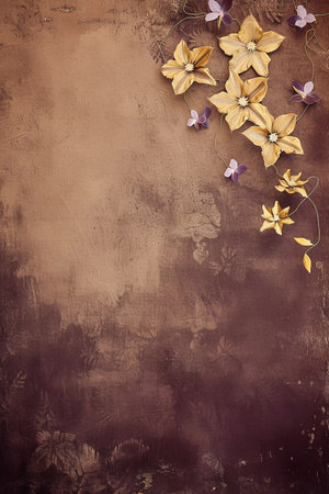 Beautiful brown vertical botanical background with clematis flowers and space for text, floral backdrop with copy space on grunge texture, top view, blank spaceの素材