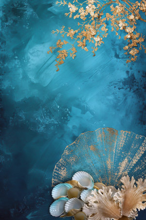 Beautiful vertical nature turquoise background, sea theme backdrop with copy space, grunge texture, tropical sea shells, top view, blank spaceの素材