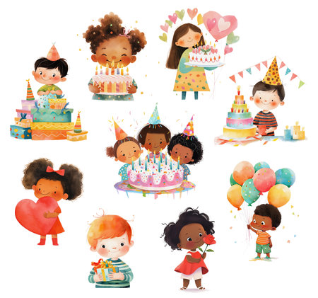 Cute kids birthday party cartoon illustration set. Happy african american and caucasian girls and boys with presents, cake, balloons isolated on white backgroundの素材