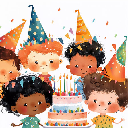 Watercolor cartoon happy kids with birthday cake on white background. Children birthday party clipart. Generative AIの素材