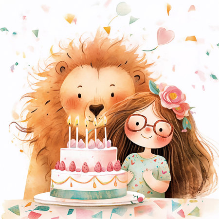 Cute cartoon lion and girl with birthday cake. Watercolor illustration isolated on white bakcground. Kids birthday clipart. Generative AIの素材