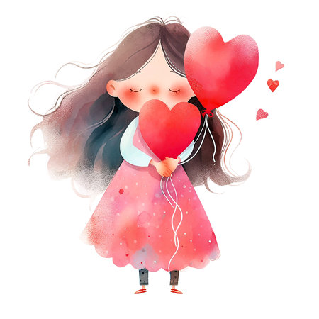 Cute little girl with heart shaped balloons. Cartoon watercolor illustration on white background. Valentine day's clipart. Generative AIの素材