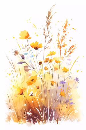 Beautiful floral vertical watercolour painting with wild flowers. Printable minimalist botanical artwork, neutral wall art, yellow herbs isolated on white. Generative AIの素材