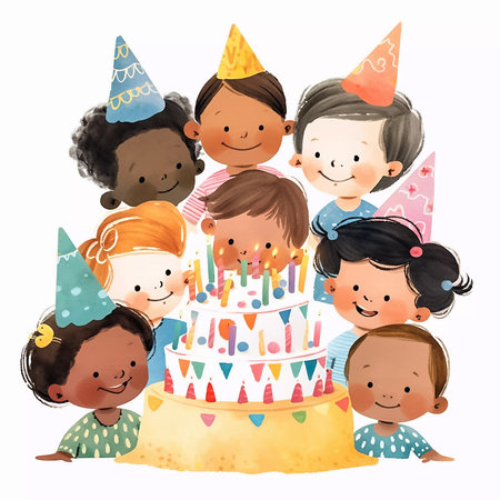 Happy children celebrating birthday party with cake and candles. Cartoon watercolor illustration on white background. Generative AIの素材