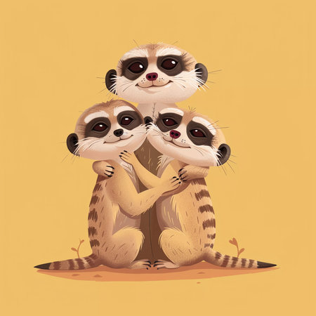 Three cute meerkats are hugging each other. Cartoon isolated illustration. Generative AIの素材