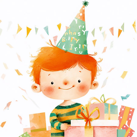 Watercolor cartoon illustration of a boy in a party hat holding a gift box. Kids birthday clipart, isolated on white background. Generative AIの素材