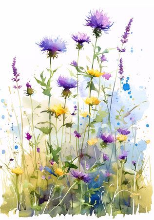 Watercolour summer wildflowers. Printable minimalistic botanical wall art, neutral floral artwork, meadow herbs isolated on white. Generative AIの素材