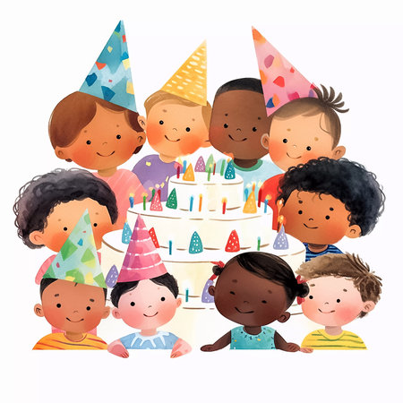 Group of kids celebrating a birthday with a cake. Watercolor cartoon illustration on white background. Generative AIの素材