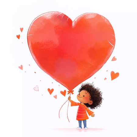 Cute african american girl holding heart shaped balloon. Cartoon illustration on white background. Generative AIの素材