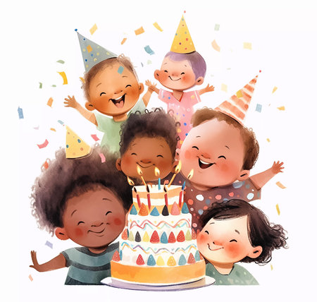Illustration of a group of happy children celebrating a birthday with a cake and candles. Cartoon kids birthday party clipart. Generative AIの素材