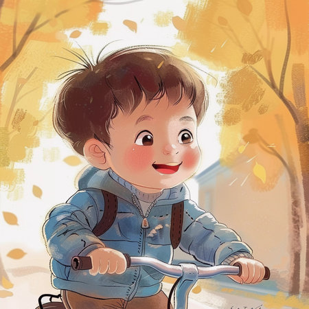 Cute cartoon little boy riding a bike in the autumn park, watercolor illustration for children book. Generative AIの素材